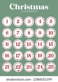 Advent calendar. Abstract red-green and white colored twenty five christmas countdown printable tags collection. Count down till christmas kit. Christmas calendar.
