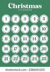 Advent calendar. Abstract red-green and white colored twenty five christmas countdown printable tags collection. Count down till christmas kit. Christmas calendar.