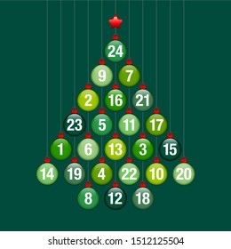 Advent Calendar Abstract Tree Of Hanging Glossy Christmas Baubles Green And Red