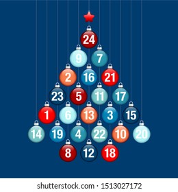Advent Calendar Abstract Tree Of Hanging Glossy Christmas Baubles Blue And Red