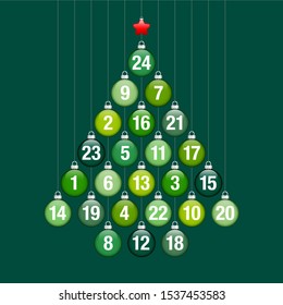 Advent Calendar Abstract Tree Of Hanging Glossy Christmas Baubles Green And Silver