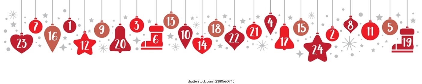 Advent Calendar banner - Christmas baubles colored red with white numbers 1 to 24 showing advent calendar for xmas and winter time