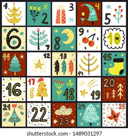 Advent calendar. Bright Christmas poster. Vector illustration