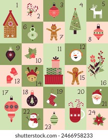 Advent calendar. Cards with a Christmas theme. Snowman. Santa Claus and Christmas trees. Balls and gingerbread house, mittens and sock. Vector. Flat style.