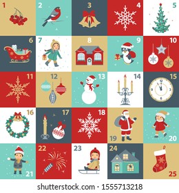 Advent calendar with cartoon characters and symbols in red, green, yellow and white. Christmas cards for countdown. Set of winter holidays flat style design elements. Vector illustration.