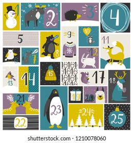 Advent calendar with cartoon forest animals, vector illustration