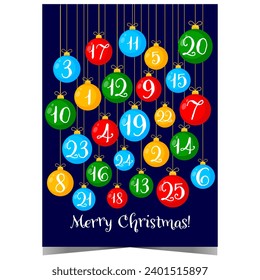 Advent calendar with Christmas balls hanging on a string and inscription Merry Christmas. Vector Christmas advent calendar with holiday decorations.