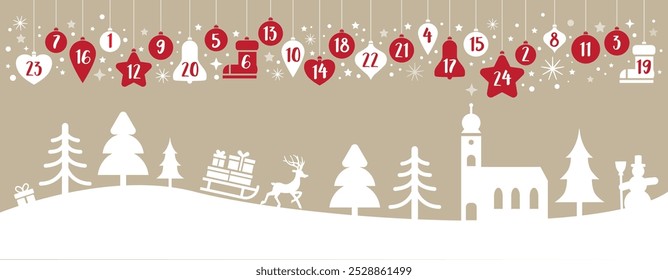 Advent calendar with Christmas balls and numbers - winter landscape and Christmas decor vector illustration.  Reindeer, sleigh, Christmas trees presents, snowman and church