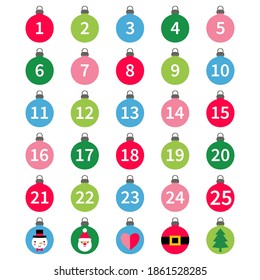 Advent calendar , Christmas balls, vector set
