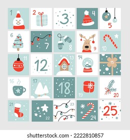 Advent calendar. Christmas cute illustrations.