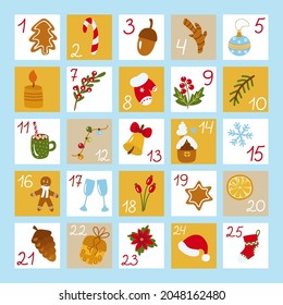 Advent calendar for Christmas. Dates from the first to the 25th on postcards with New Year's pictures. Candy cane, acorn, cookie, poinsettia, boot. Vector illustration