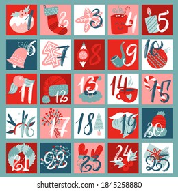 Advent calendar with Christmas decor elements. Flat hand drawn doodle illustration. 25 days
