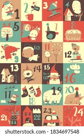 Advent calendar with christmas decoration and characters
