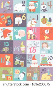 Advent calendar with christmas decoration and characters