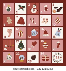 Advent calendar and christmas decoration. Hand drawn design elements. Colourful hand drawn vector flat illustration.