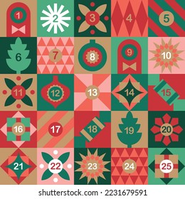 Advent calendar with christmas decorations and christmas trees in geometric modern style