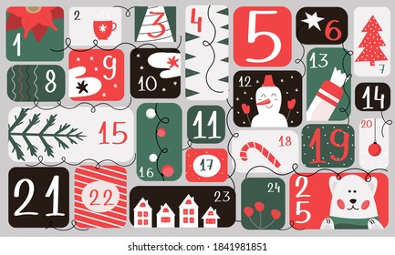 Advent calendar with christmas elements. For calendars, children's magazines, stickers. Vector graphics, flat.