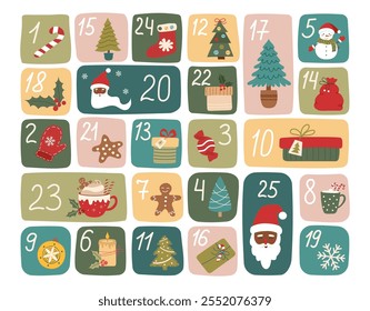 Calendário do advento com elementos de Natal isolados em branco. Banner Natal e Advento. Ilustração plana vetorial.