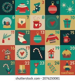 Advent calendar with christmas elements. Vector illustration in flat style.