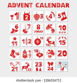 Advent calendar. Christmas holiday celebration cards for countdown