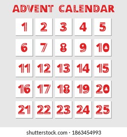 Advent calendar. Christmas holiday celebration cards for countdown