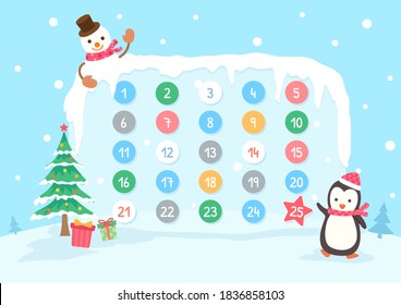 Advent calendar for Christmas holiday with penguin and snowman snow background