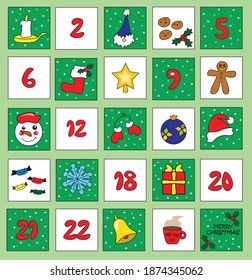 Advent calendar for christmas holidays. Illustration set. Christmas poster
