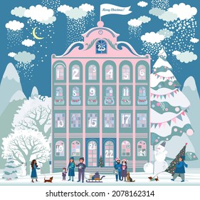 Advent calendar. Christmas house with winter holidays countdown windows. Merry Christmas poster. Holiday design, decor. Xmas tree, snowman and gifts, presents, star. Winter holiday Vector illustration