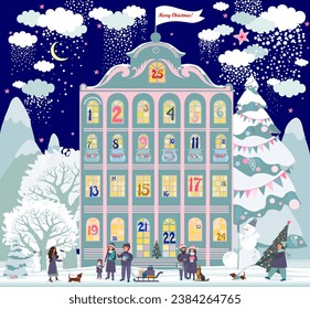 Advent calendar. Christmas house with winter holidays countdown windows. Merry Christmas poster. Holiday design, decor. Xmas tree, snowman and gifts, presents, star. Winter holiday Vector illustration