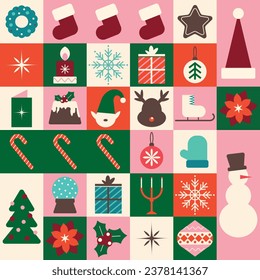 Advent calendar with Christmas and New Year symbols in flat style. Abstract geometric background with simple shapes. Creative modern art. Bauhaus style