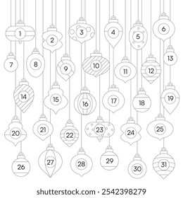 Advent Calendar Christmas Ornaments Coloring Page with Numbered Baubles for Kids and Adults