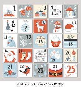 Advent calendar, Christmas poster, holiday season cute cards, Scandinavian style, vector illustration 