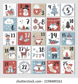 Advent calendar, Christmas poster, holiday season cute cards, Scandinavian design. Hand drawn vector illustration.