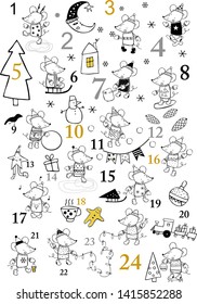 advent calendar Christmas poster with mouses winter activity  black white