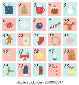 Advent calendar christmas poster with new year holiday elements. Vector illustration hand draw, cartoon style.