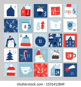 Advent calendar. Christmas poster in red and blue colours