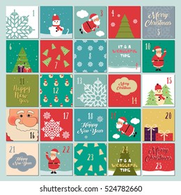 Advent calendar. Christmas poster. Santa Claus, snowflakes, snowman, tree