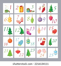 Advent calendar. Christmas poster. Vector cartoon illustration.