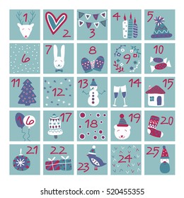 Advent calendar. Christmas poster. Vector illustration for winter holidays