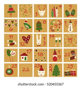 Advent calendar. Christmas poster. Vector illustration for winter holidays