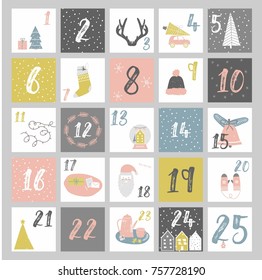 Advent calendar. Christmas poster, vector illustration