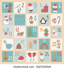 Advent calendar. Christmas poster. Xmas numbers. Joy funny lettering geometric forms festive concept calendar numbers recent vector templates for celebration placards.