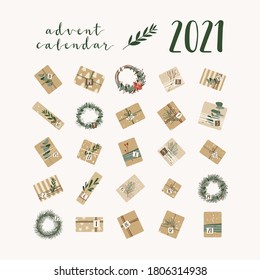 Advent calendar. Christmas presents in kraft paper and wreaths, with numbers 1 to 25. Rustic gift box. Eco decoration. Xmas and New 2021 Year celebration preparation. Vector flat cartoon style