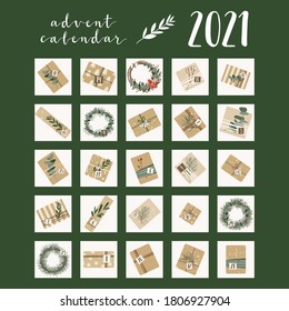 Advent calendar. Christmas presents in kraft paper and wreaths, with numbers 1 to 25. Rustic gift box. Eco decoration.  New 2021 Year and Xmas celebration preparation. Vector flat cartoon style