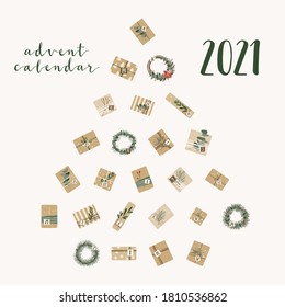 Advent calendar. Christmas presents in kraft paper and wreaths, with numbers 1 to 25. Rustic gift box. Eco decoration. New 2021 Year and Xmas celebration preparation. Vector flat cartoon style