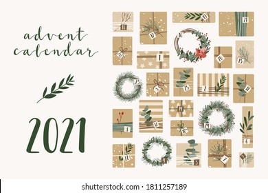 Advent calendar. Christmas presents in kraft paper and wreaths, with numbers 1 to 25. Rustic gift box. Eco decoration.  New 2021 Year and Xmas celebration preparation. Vector flat cartoon style