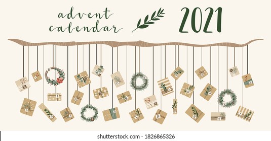 Advent calendar. Christmas presents in kraft paper and wreaths with numbers 1 to 31, 31 days. Rustic gift box. Eco decoration. New 2021 Year and Xmas celebration preparation. Vector flat cartoon style