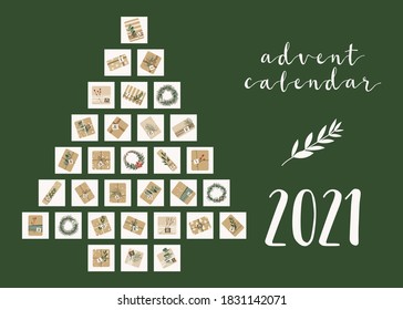 Advent calendar. Christmas presents in kraft paper and wreaths with numbers 1 to 31, 31 days. Rustic gift box. Eco decoration. New 2021 Year and Xmas celebration preparation. Vector flat cartoon style