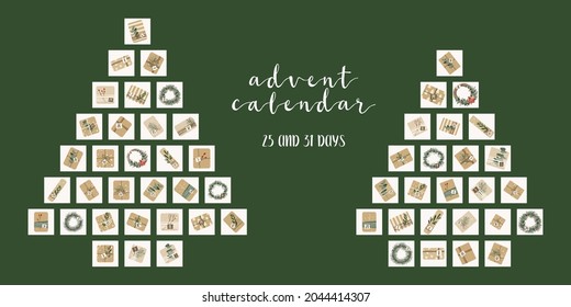Advent calendar. Christmas presents in kraft paper and wreaths, 25 and 31 days. Rustic gift box. Eco decoration. Xmas and New 2021 Year celebration preparation. Vector flat cartoon style