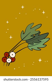 Advent calendar. Christmas print. Holiday Background with berry fruit. Doodle sprigs. Design for hiliday card, poster.